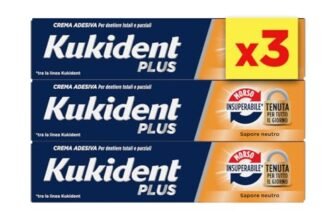 Kukident Plus Morso Insuperabile Crema Adesiva Per Protesi Dentali Totali e Parziali, Sapore Neutro. Confezione da 3x35g