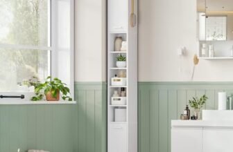 Hzuaneri Colonna Bagno Stretta, Mobiletto Bagno Salvaspazio, Armadio Alto con 2 Ante, 2 Contenitori e Vani a Giorno, Ripiani Regolabili, 20 x 20 x 200 cm, per Bagnos, Soggiorno, Bianco BC28503X