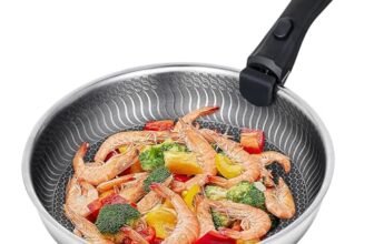 AMZCHEF Padella da 28 cm, padelle induzione in acciaio inox con manico staccabile, rivestimento antiaderente, lavabile in lavastoviglie, per tutti i tipi di piano cottura