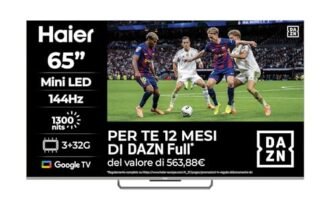 Haier Mini LED 4K UHD H65M90EUX 65” Smart TV, Google TV, Dolby Atmos e Dolby Vision, 144Hz, HDR 10, Google TV, Processore Quad Core, Bluetooth 5.1, DBX TV, HDMI 2.1 x 4 [2024]