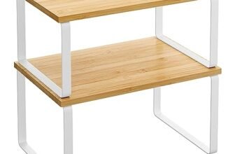SONGMICS Scaffale Portaspezie, Set di 2 Organizzatori da Cucina Espandibili, Scaffale da Cucina Impilabile, Metallo e Legno Ingegnerizzato, Bianco Nuvola e Beige Naturale KCS02NW