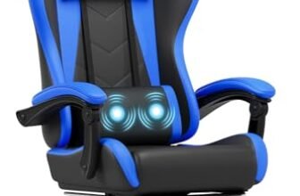 Devoko Sedia da Gaming Massaggiante con Poggiapiedi Telescopico, Sedia Gamer con Cuscino Lombare Massaggio & Poggiatesta, Ergonomico Sedie da Ufficio Schienale Regolabile 90-135°, Portata 150kg(Blu)