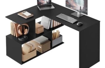 WOLTU Scrivania Angolare, 120×100 cm Scrivania a Forma di L con Libreria, Nero, per Computer, Tavolo da Lavoro, Studio and Soggiorno