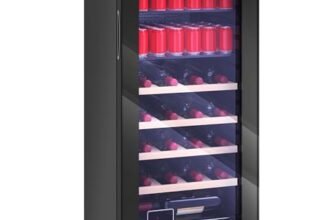 HOMCOM Cantinetta Vino Refrigerata 20 Bottiglie 92L Cantina Vino Silenziosa Temperatura Regolabile 5-18℃ Frigo Vino Bar con Vetro Anti UV, Ripiani, Compressore, Display Touch, Luci LED, Classe G