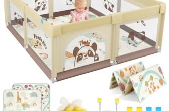 SOFTHOM Box Bambini 150×180 con Tappeto, Recinto per Bambini con 360° Rete Traspirante, Tessuto Oxford, Laterali con Zip, Antiscivolo Robusta Centro Attività, 60 Palline, 4 Maniglie, Panda beige