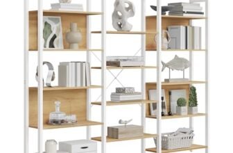 VASAGLE Libreria, Scaffale Portaoggetti, con 14 Ripiani, Struttura in Metallo, Soggiorno Studio Ufficio, Stile Industriale, 24 x 158 x 166 cm, Rovere Dorato e Bianco Opaco LLS107YA01