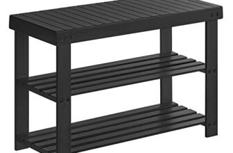 SONGMICS Portascarpe, Scarpiera in bambù a 3 Livelli, Panca per Corridoio, può Contenere Fino a 130 kg, 28,7 x 70,1 x 45,3 cm, per Ingresso, Bagno, Camera da Letto, Nero LBS04H, 28.7 x 70.1 x 45.3 cm