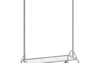 SONGMICS Stand Appendiabiti Attaccapanni in Metallo Cromato con Ruote, Portata Fino a 50 kg, Argento, (110,5-150,5) x 160 x 48,5 cm HSR02S