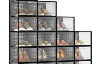 SONGMICS Scatole per Scarpe, Pacco da 18 Contenitori per Scarpe, Organizzatori Porta Scarpe Pieghevoli e Impilabili, Fino a Taglia 46, Trasparente e Nero LSP007B18