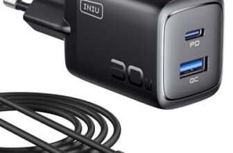 INIU 30W Caricatore USB C, Presa alimentatore con USB-C cavo, PD Compatto Caricatore Rapido, 2-Porto GaN Caricabatteria Rapido per iPhone 17 16 Pro Max, iPad Air, Samsung S25 S24 Ultra, Pixel, Xiaomi