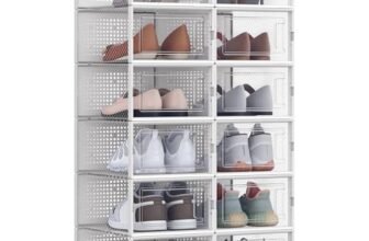 SONGMICS Scatole per Scarpe, Pacco da 12 Contenitori per Scarpe, Organizzatori Pieghevoli e Impilabili, Fino a Taglia 44, Trasparente e Bianco LSP12SWT