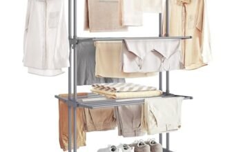 SONGMICS Stendibiancheria, Stendino Pieghevole a 4 Livelli, con Ruote e Ali Richiudibili, 63,5 x 128 x 173 cm, Capiente, Uso Interno ed Esterno, Grigio LLR701G01