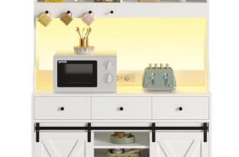 Credenza, Credenza Cucina con Illuminazione a LED, Presa Elettrica, Mobile Buffet, Scaffale Rimovibile, 3 Cassetti, Ripiani Regolabili, Grande Spazio, Cucina, Sala da Pranzo, 103.5*40*180 cm, Bianca