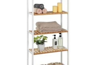 SONGMICS Scaffale Portaoggetti in Bambù Mensola a 5 Ripiani, Multiuso, per Ingresso, Bagno, Soggiorno, Balcone, Cucina, 26 x 60 x 130 cm, Bianco Nuvola e Beige Naturale BCB35WN