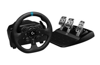 Logitech G G923 volante da corsa e pedali con ritorno di forza TRUEFORCE fino a 1000 Hz, design di guida reattivo, controllo con doppia frizione e rivestimento del volante per PS5, PS4, PC e Mac -Nero
