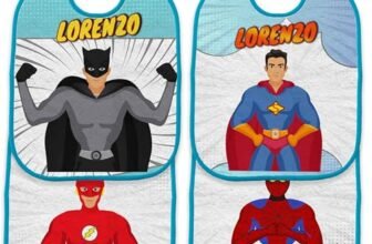 Set Asilo 4 Bavetta Bavaglino con elastico personalizzato con nome del bambino (Supereroi Bordo Azzurro)