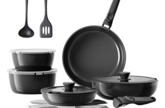 Redchef Set di Pentole in Ceramica 16 Pezzi, Padelle Antiaderente con Manico Rimovibile, Pentola 18/20 cm & Padella 20/26 cm, Impilabile, per Tutti i Piani Cottura e Forno,Nero