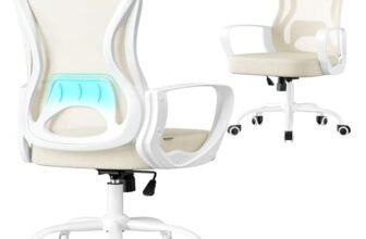 SONGMICS Sedia Ufficio Ergonomica, Sedia Scrivania Girevole in Rete, Supporto Lombare, Funzione Oscillante, Braccioli, Studio Camera da Letto, Beige Cappuccino e Bianco Nuvola OBN043LH02