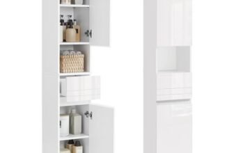 VASAGLE Mobile da Bagno, Mobiletto Portaoggetti, Alto, con Cassetto, Ripiani Regolabili, Scomparti, 30 x 30 x 170 cm, Bianco Nuvola BBC560P31