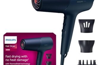 Philips Asciugacapelli Serie 5000, tecnologia ThermoShield, agli ioni, 2300°W, blu metallizzato, con beccuccio per styling da 9°mm e 11°mm, diffusore, BHD510/20