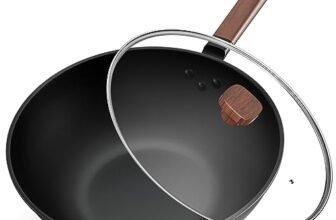 Jobin 33cm/5,6L Wok Antiaderente in Acciaio al Carbonio con Coperchio – Padelle Senza Rivestimento Chimico – Può Cucinare Piatti Asiatici per 4-6 Persone – Adatto a Tutti i Fornelli