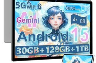 Dghrti Tablet Android 15, Schermo IPS HD 10 Pollici, 30 GB RAM e 128 GB + Estensione 1TB TF, Octo-Core e 8000mAh, WiFi 6, Widevine L1-5+8 MP, Telaio in Metallo, Tablet touch con Custodia- Grigio