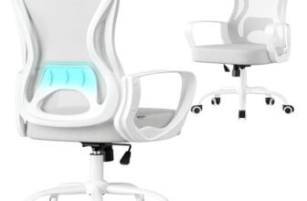 SONGMICS Sedia Ufficio Ergonomica, Sedia Scrivania Girevole in Rete, Supporto Lombare, Funzione Oscillante, Braccioli, Studio Camera da Letto, Grigio Tortora e Bianco Nuvola OBN043GD02