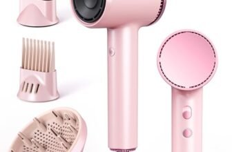 Asciugacapelli Phon Capelli con Diffusore, Phon Ionico 1600W ad Alta Velocità, 110.000 giri/min, 2 Velocità, 4 Temperature, Phon da Viaggio Leggero Silenzioso per Donna, Rosa