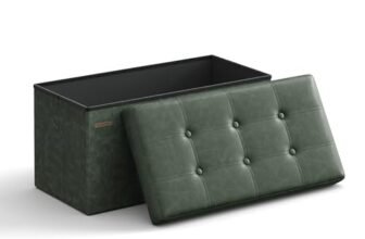 SONGMICS Cassapanca, Pouf Contenitore, Poggiapiedi Pieghevole da 38 x 76 x 38 cm, Ottomano, Regge fino a 300 kg, per Soggiorno, Camera da Letto, Entrata, Verde Foresta LSF040C01