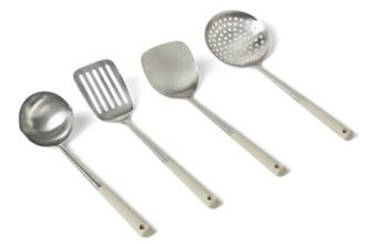 Amazon Basics Cucchiai e Mestoli da Cucina in Acciaio Inox, Set di 4 Pezzi, Impugnatura Morbida, Lavabili in Lavastoviglie, Grigio Lino