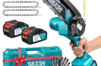 SEESII Mini Motosega a Batteria 6 Pollici, 2 x 4000mAh Motosega Elettrica per Potatura con Pompetta Olio e Catena di Ricambio, 900W Motosega da Potatura per il Taglio del Legno Giardini