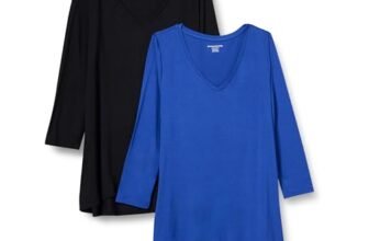 Amazon Essentials T-Shirt Swing con Maniche a 3/4 e Scollo a v (Taglie Forti Disponibili) Donna, Pacco da 2, Nero/Blu Reale, L