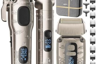 VGRPRO Set di Tagliacapelli uomo professionale e Trimmer Capelli, Rasoio Elettrico a Lamina, Macchinetta per capelli, 4 Impostazioni di Velocità, Display LED della Batteria, Uso da Barbiere (Argento)