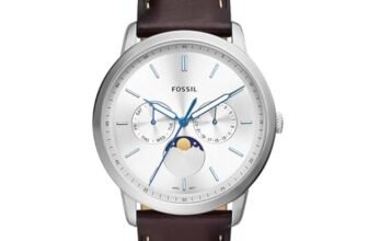 Fossil Neutra orologio per uomo movimento Moonphase multifunzione con bracciale in acciaio o cinturino in pelle, 42 mm, Marrone e Bianco