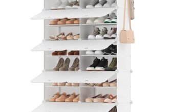 SONGMICS Scarpiera, Scaffale Modulare a 10 Scomparti per 40 Paia di Scarpe da Ingresso, con Sportelli, Telaio in Acciaio e Ripiani in Plastica, Camera da Letto, Bianco Nuvola LPC035W02