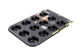 Zanetti, Stampo 12 Muffins, Teglia Muffin in Carbon Steel 35×26.5×2.6 cm, Rivestimento Antiaderente, Colore Nero, Spessore 0,4 mm