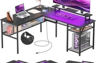 iSunirm Scrivania Gaming a L,140 x 116 x 76 cm Scrivania Angolare Reversibile con LED,Scrivania ad L per Casa Ufficio,Scrivania Computer con 2 Prese e 2 Porte USB, Nera