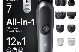 Braun Rifinitore All-In-One Series 7, Rasoio Elettrico Barba 12In1, Taglia Peli Naso E Orecchie, Macchinetta Per Capelli, Lama ProBlade, Tecnologia AutoSense, Wet&Dry, AIO7545, Grigio