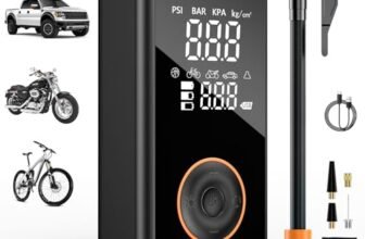 Onherm Compressore Aria Portatile, 6000mAh Mini Compressore Portatile, 5 Modalità Pompa Elettrica Per Bicicletta con Luce LED e Display LCD, 150PSI Compressore Senza Fili per Auto, Bici, Moto, Palla