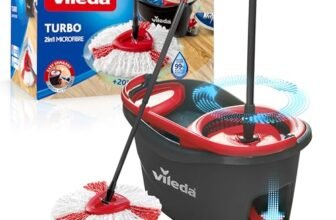 Vileda Turbo Sistema lavapavimenti rotante con secchio e pedale |Manico telescopico 55–130 cm |Lavapavimenti con strizzatura a centrifuga| Fiocco Microfibra 2in1| Lavapavimenti rotante e secchio