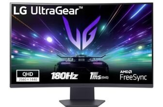 LG UltraGear 32GS60QC Monitor Gaming 32″ Curvo QHD (2560×1440), 180Hz, 1ms, AMD FreeSync Premium, HDR 10, HDMI 2.0, DisplayPort 1.4, AUX, Flicker Safe, Nero