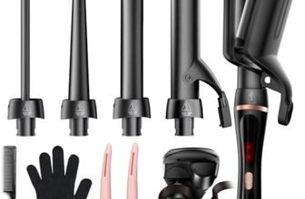 Ferro Arricciacapelli 5 in 1, Arricciacapelli con Piastra Ondulante Ferro Arricciacapelli a Riscaldamento Istantaneo con Barili Intercambiabili in Ceramica, Doppia Tensione, Regali di per Donne