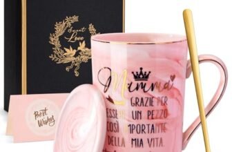 Biching Regalo Festa Della Mamma, Regalo Mamma Compleanno da Figlia e Figlio – Tazza da Caffè in Ceramica da 400ml Originale Utile Personalizzato, Coperchio, Cucchiaio, Biglietto, Confezione Regali