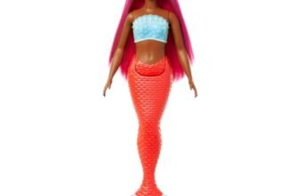 Barbie – Sirena, bambola capelli e cerchietto fantasia magenta, silhouette curvy con corpetto ispirato alle conchiglie e coda rossa tropicale, giocattolo per bambini, 3+ anni, HRR04