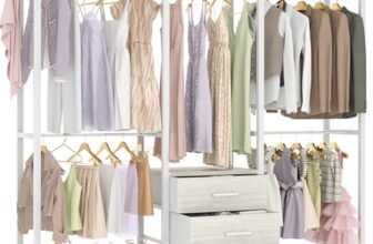 iSunirm Stand Appendiabiti in Metallo,Appendiabiti da Terra,Grande capacità Guardaroba per Appendere i Vestiti, Riporre i Vestiti, Appendiabiti,193 x 40 x 192 cm,Rovere Nero