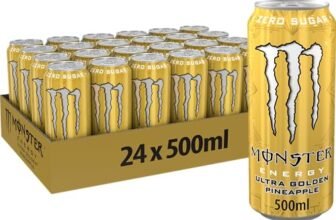 Monster Energy Ultra Gold Pineapple – 24 Lattine da 500 ml, Energy Drink Zero Zuccheri e Poche Calorie, Bevanda Energetica dal Gusto di Ananas Dorato Maturo