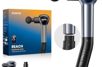 Pistola Massaggio Muscolare con Manico Staccabile, RENPHO Reach pistola per massaggi, 5 velocità, 4 testine massaggianti, LED, 2 in 1 Massaggiatore a Percussione Profonda