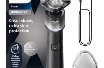 Philips Shaver 5000X Series Rasoio elettrico Wet and Dry con tecnologia Skin Protect, testina flessibile a 360°, 1 ora di ricarica/ricarica rapida di 5 minuti, cappuccio a P, Argento, modello X5004/00