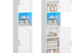Hzuaneri Mobile Bagno con Luci LED, 2 Ante, mobiletto bagno salvaspazio, mobile alto con spazio aperto, ripiani regolabili, soggiorno, bagno, 30 x 40 x 170 cm, Bianco SC28213X