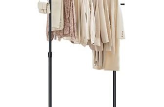 SONGMICS Stand Appendiabiti con Ruote, Attaccapanni, Altezza Regolabile 97-165 cm, Barra Estensibile, Ganci Laterali per Accessori, Nero LLR001B01